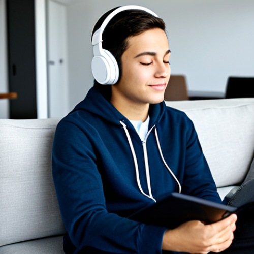 Home 4 A young person, fully clothed in modest, comfortable attire, sitting on a modern sofa, wearing headphones, eyes closed in a moment of deep inspiration and focus. The background is a clean, well-lit contemporary living room. The subject exudes positive energy and a sense of connection to music, safe for work, appropriate content, fully clothed, family-friendly. Perfect anatomy, correct proportions, natural pose, well-formed hands, proper finger count, natural body proportions.