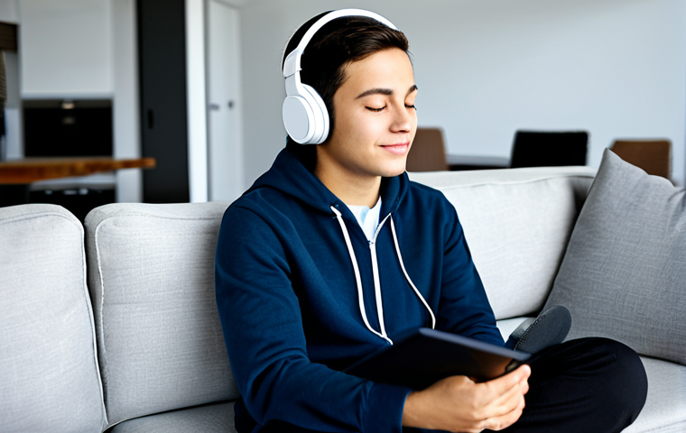 A young person, fully clothed in modest, comfortable attire, sitting on a modern sofa, wearing headphones, eyes closed in a moment of deep inspiration and focus. The background is a clean, well-lit contemporary living room. The subject exudes positive energy and a sense of connection to music, safe for work, appropriate content, fully clothed, family-friendly. Perfect anatomy, correct proportions, natural pose, well-formed hands, proper finger count, natural body proportions.