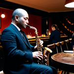 Jazzy Sakura Serenity**

A dimly lit jazz club in Madrid. A saxophone player, fully clothed in a stylish, dark suit, is deeply immersed in playing a smooth jazz rendition of "Sakura Sakura."  In the background, patrons sit at tables, enjoying tapas and drinks.  Soft lighting highlights the musician. Safe for work, appropriate content, professional, modest attire, perfect anatomy, correct proportions, well-formed hands, natural pose, high quality, family-friendly.

**