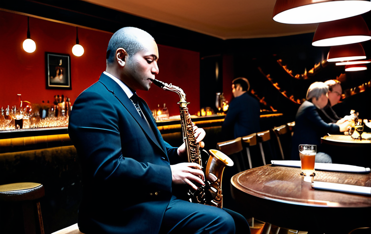 Jazzy Sakura Serenity**

A dimly lit jazz club in Madrid. A saxophone player, fully clothed in a stylish, dark suit, is deeply immersed in playing a smooth jazz rendition of "Sakura Sakura."  In the background, patrons sit at tables, enjoying tapas and drinks.  Soft lighting highlights the musician. Safe for work, appropriate content, professional, modest attire, perfect anatomy, correct proportions, well-formed hands, natural pose, high quality, family-friendly.

**