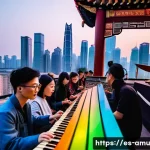 중국 인디 음악 성장 요인 - A vibrant indie music concert scene in a modern Chinese city, featuring young musicians on stage ble...