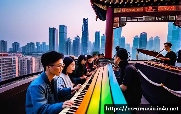 중국 인디 음악 성장 요인 - A vibrant indie music concert scene in a modern Chinese city, featuring young musicians on stage ble...