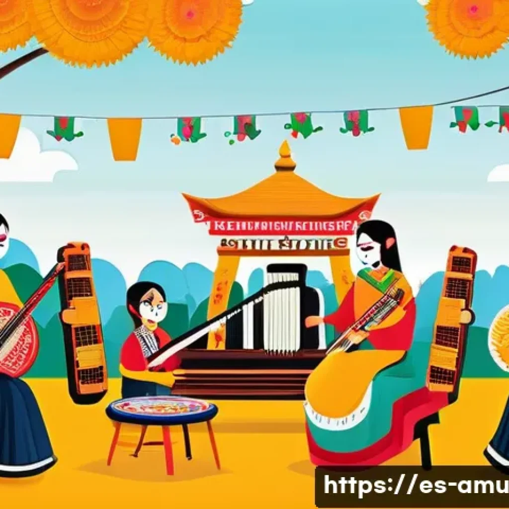 아시아 전통 음악 스트리밍 최적화 방법 - A vibrant digital illustration of a traditional Asian music festival set in a colorful urban park in...