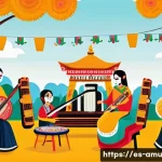 아시아 전통 음악 스트리밍 최적화 방법 - A vibrant digital illustration of a traditional Asian music festival set in a colorful urban park in...