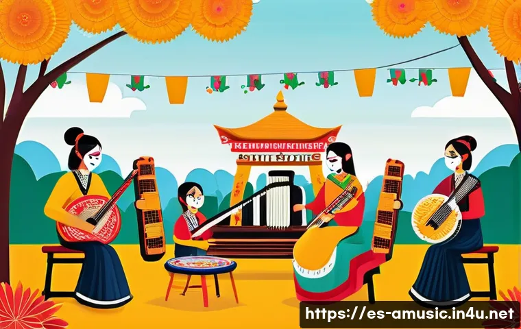 아시아 전통 음악 스트리밍 최적화 방법 - A vibrant digital illustration of a traditional Asian music festival set in a colorful urban park in...