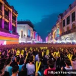 아시아권 음악 차트에서 K POP 영향력 - A vibrant outdoor K-POP festival scene in Mexico City during sunset, featuring a large diverse crowd...