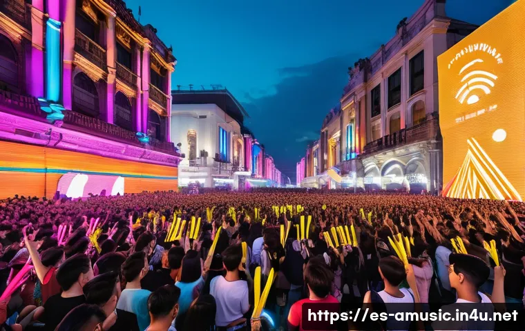아시아권 음악 차트에서 K POP 영향력 - A vibrant outdoor K-POP festival scene in Mexico City during sunset, featuring a large diverse crowd...