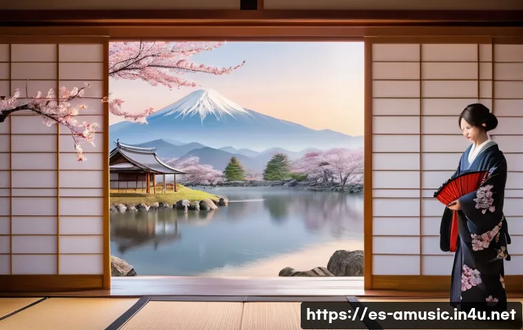 일본 엔카 음악의 대표곡  北国の春  Hokoku no Haru - A serene rural Japanese landscape during early spring, featuring delicate cherry blossoms gently fal...