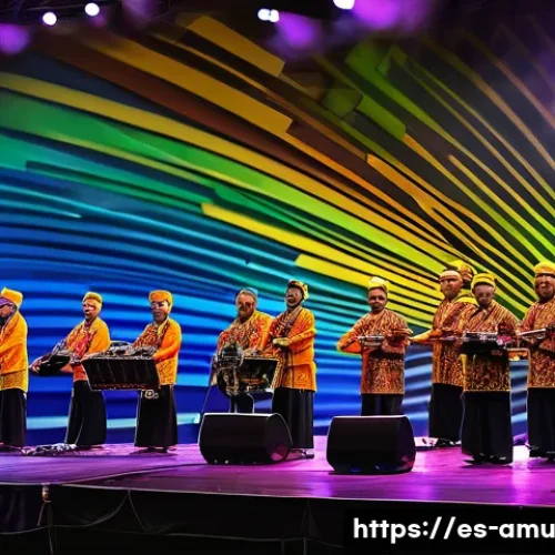 인도네시아 종교 음악의 현대적 재해석 - A vibrant concert scene in Central Java featuring traditional gamelan instruments like metallophones...