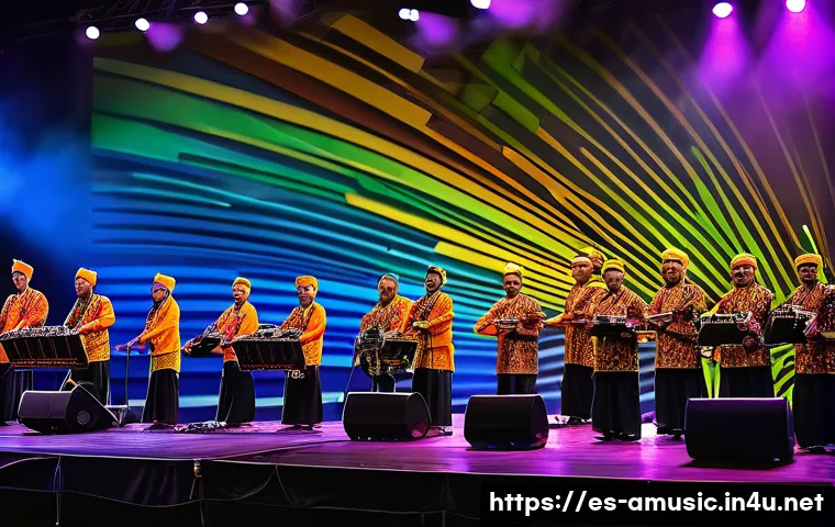 인도네시아 종교 음악의 현대적 재해석 - A vibrant concert scene in Central Java featuring traditional gamelan instruments like metallophones...