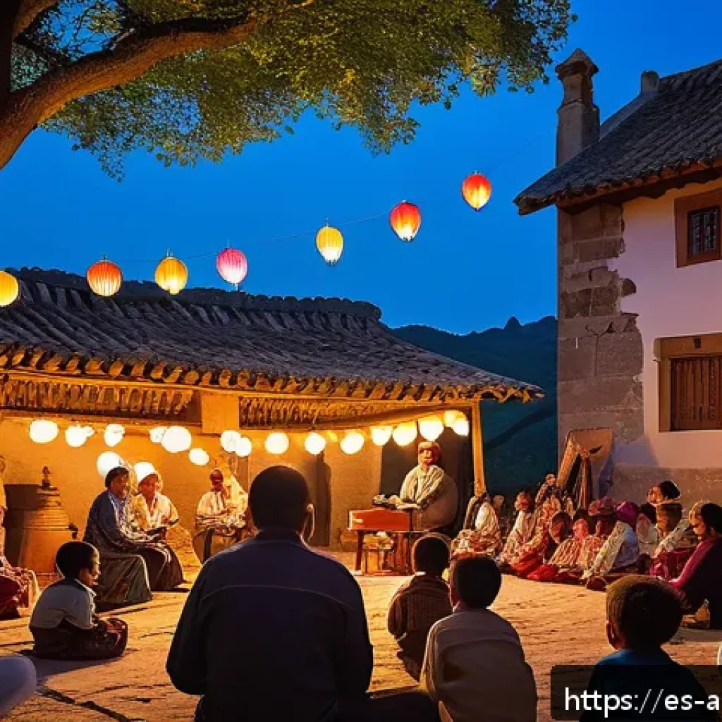 津軽じょんがら節 원곡과 리메이크 - A traditional rural Spanish festival scene at dusk, featuring musicians playing acoustic guitars and...