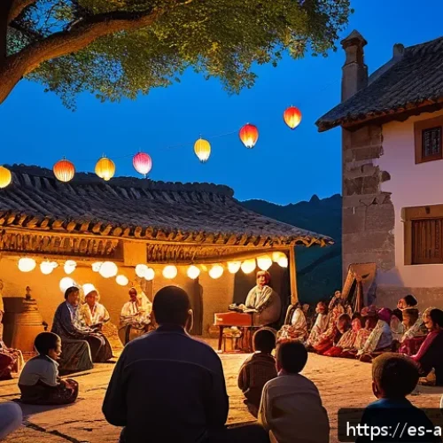 津軽じょんがら節 원곡과 리메이크 - A traditional rural Spanish festival scene at dusk, featuring musicians playing acoustic guitars and...