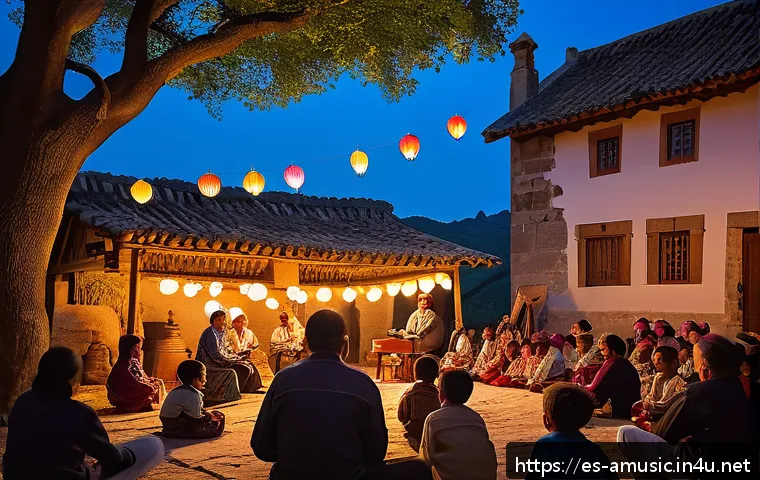 津軽じょんがら節 원곡과 리메이크 - A traditional rural Spanish festival scene at dusk, featuring musicians playing acoustic guitars and...