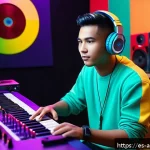말레이시아 팝 음악의 글로벌화 - A vibrant digital music studio scene featuring a young Malaysian pop artist wearing stylish casual c...