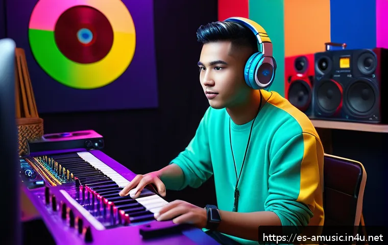 말레이시아 팝 음악의 글로벌화 - A vibrant digital music studio scene featuring a young Malaysian pop artist wearing stylish casual c...