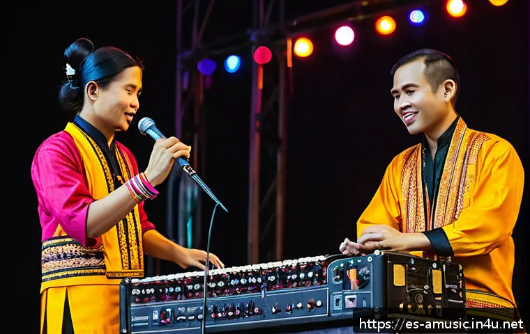 동남아 퓨전 음악 장르 분석 - A vibrant Southeast Asian music festival scene at night, featuring diverse musicians on stage blendi...
