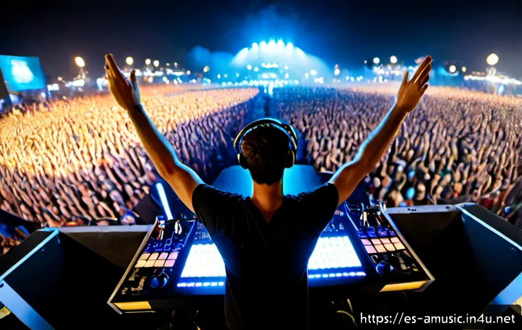 베트남 EDM 대표곡  Way Back Home  사운드 콜라보 - Photorealistic nighttime electronic music festival in Barcelona, a young DJ seen from behind at a mo...